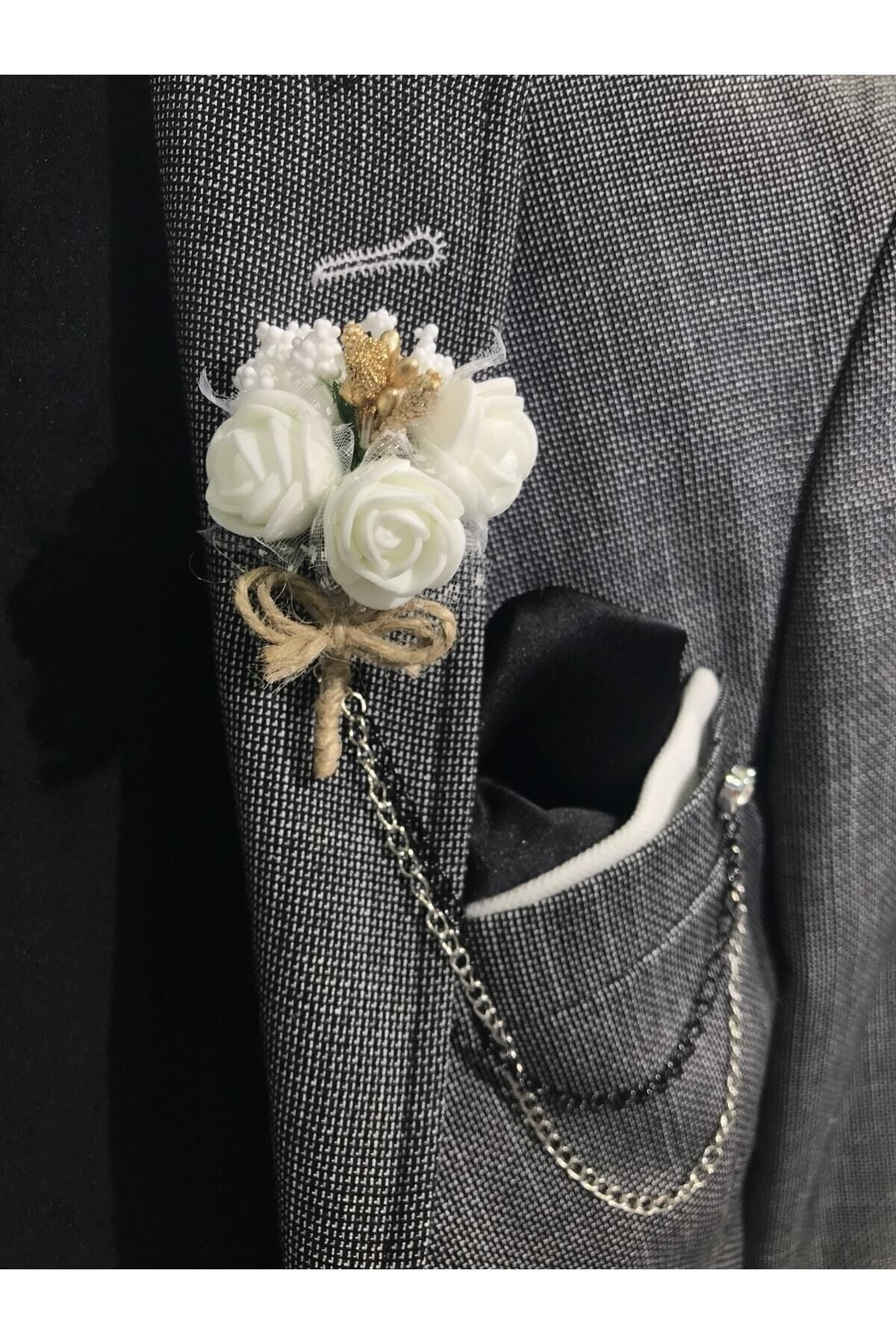 Beyaz Lateks Fiyonk Yaka Çiçeği – Damat ve Sağdıç Çiçeği | Zincirsiz Yaka İğnesi