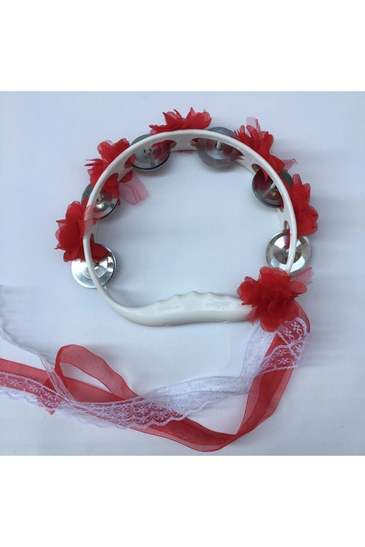 Kırmızı Çiçeklerle Süslenmiş Nedime Tefi Düğün Ve Kına Için Plastik Tef 10 Adet – Kına Eğlence Akse