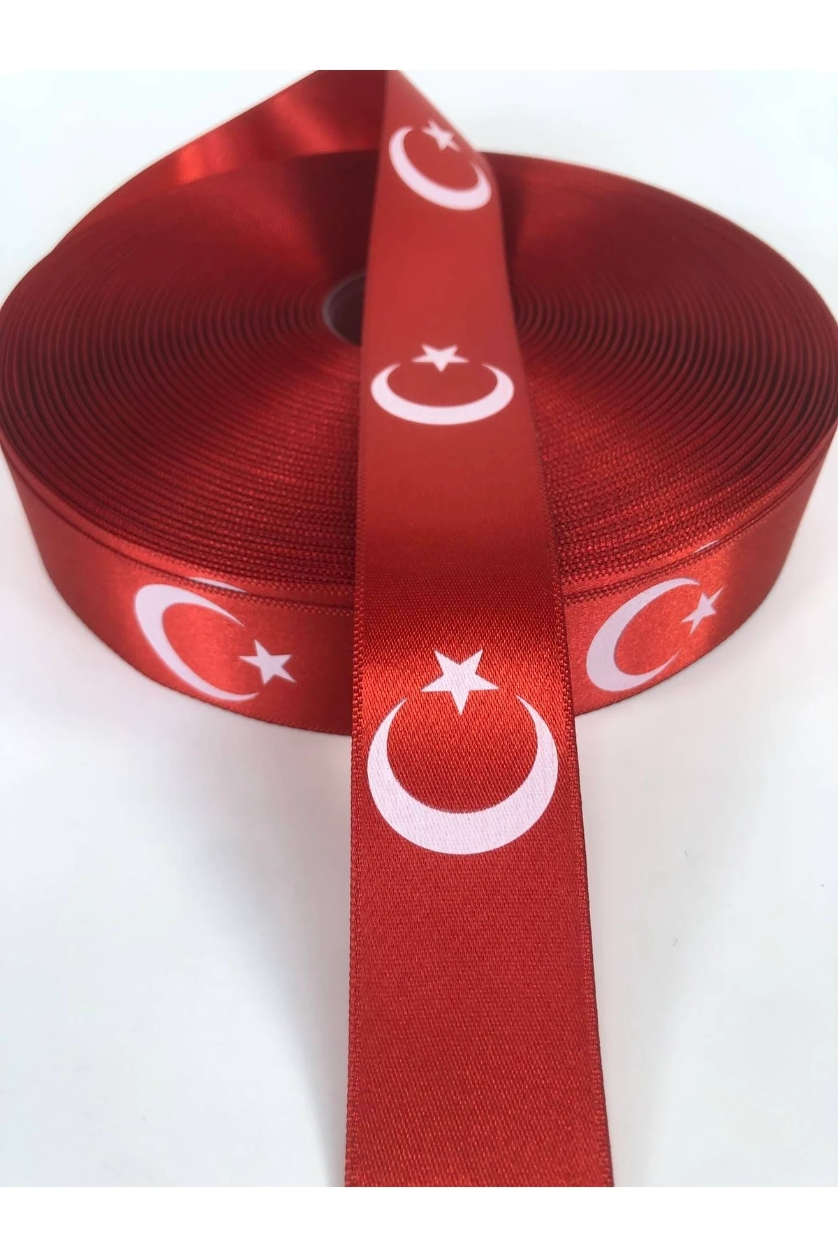 Ay Yıldızlı Kırmızı Saten Kurdele 1 Metre | Hediye ve Süsleme