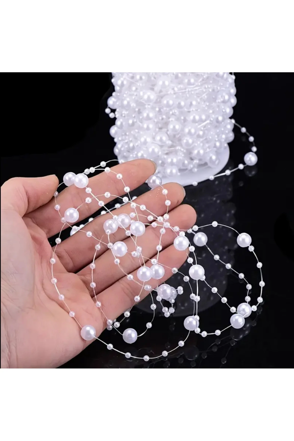 Beyaz Misinalı İnci Boncuk Şerit – 1 Metre | Çiçek Süsleme ve Dekorasyon