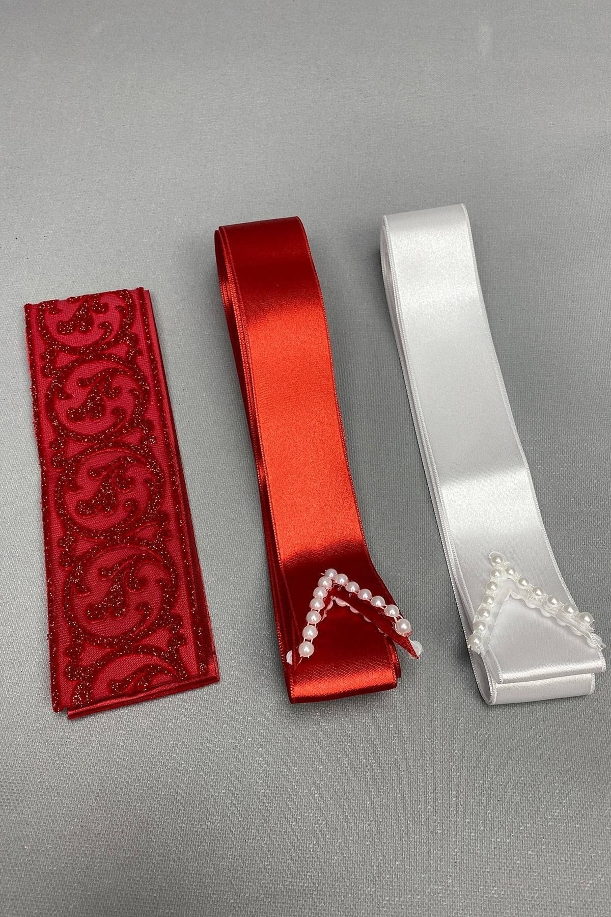 Kırmızı Beyaz Takı Kurdele Seti Ve Gelin Bel Kuşağı – Gelin Aksesuarı – Gelin Aksesuarı