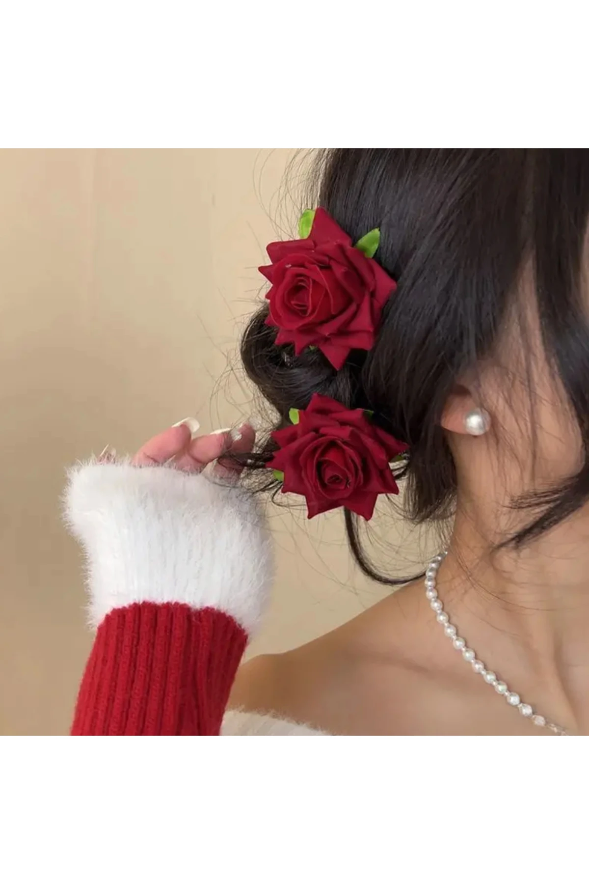 Kırmızı Kadife Güllü Toka | 1 Adet Şık Saç Aksesuarı