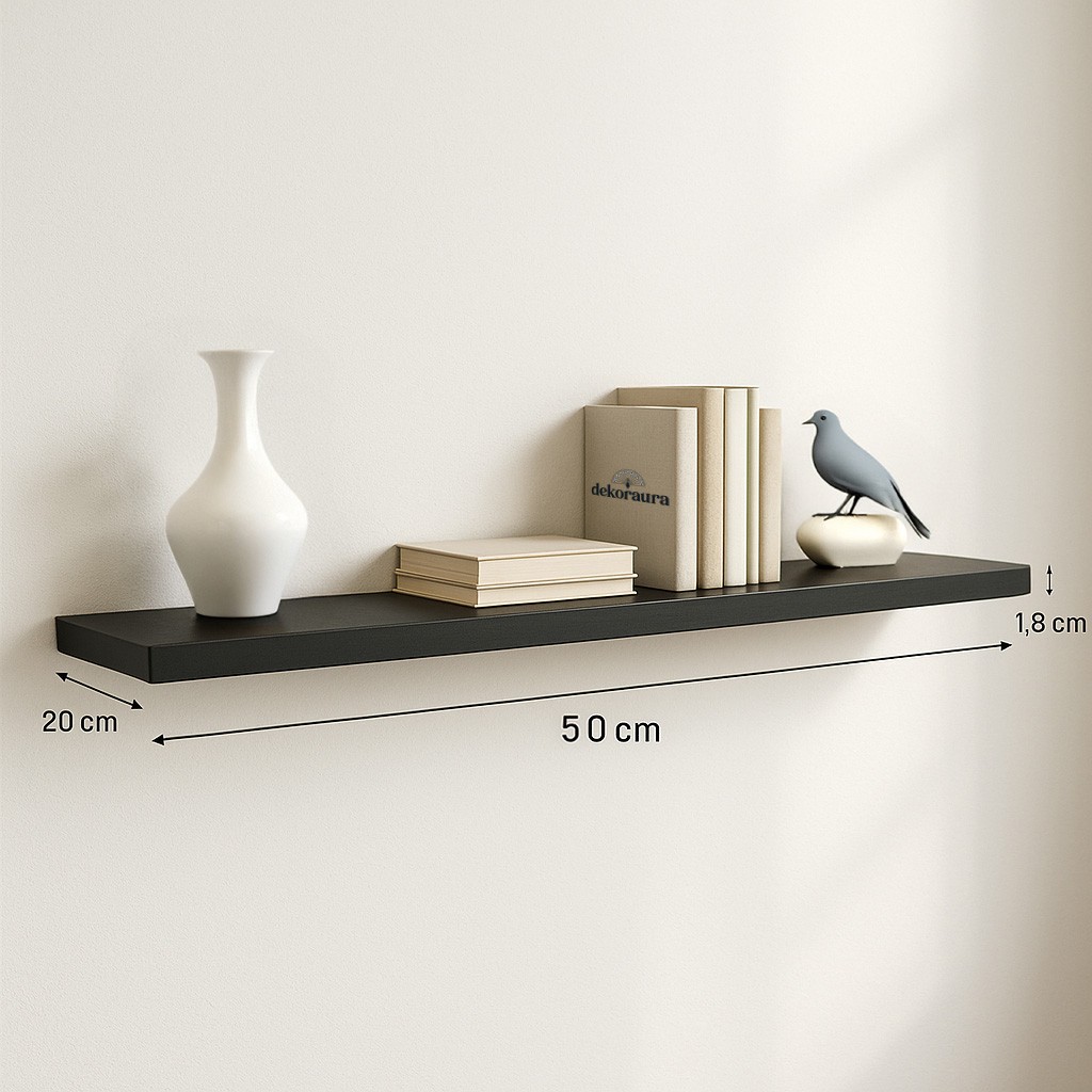 Siyah MDF Uçan Raf 50x20 cm – Minimal, Şık ve Dayanıklı Duvar Rafı