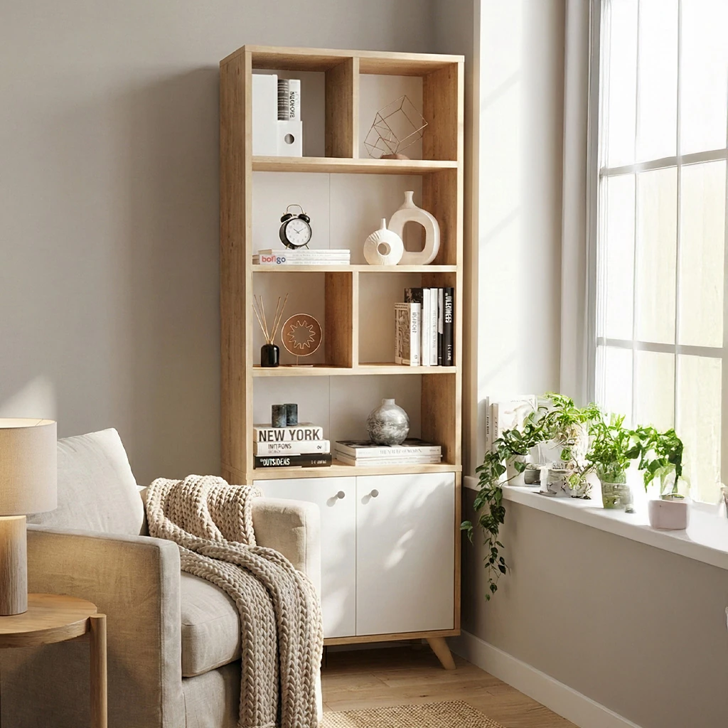 Beyaz Kapaklı Ceviz Raflı Kitaplık