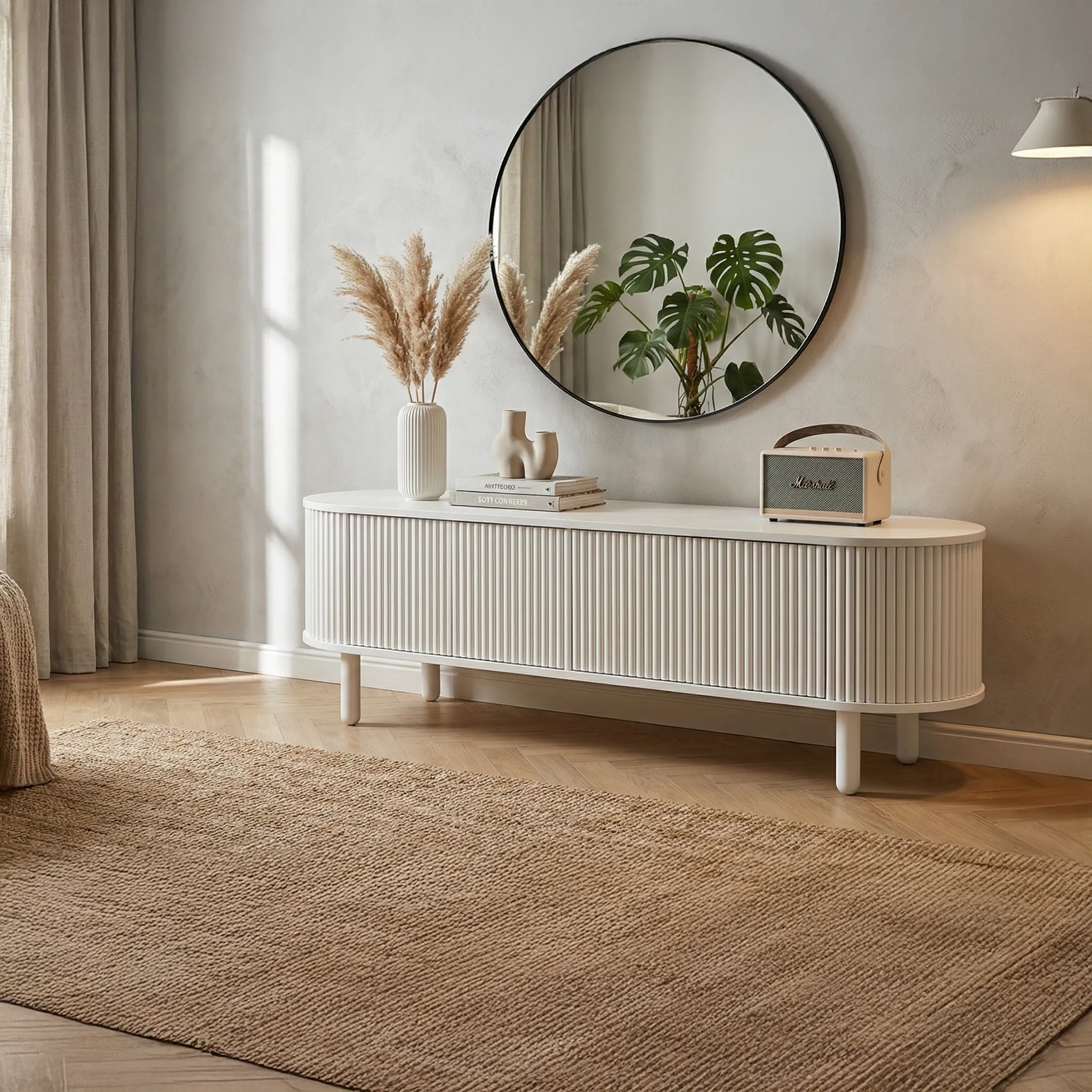 Fitilli Oval Beyaz Modern TV Ünitesi