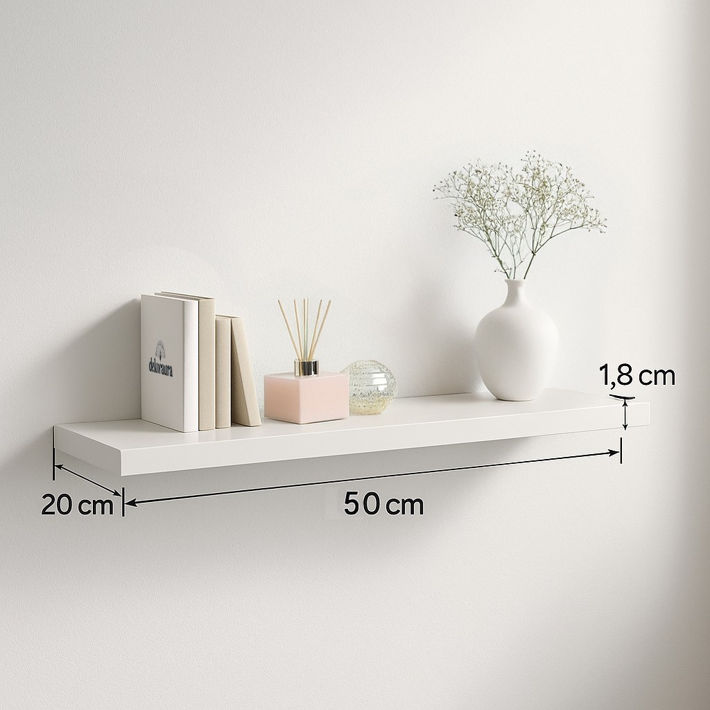 Beyaz MDF Uçan Raf 50x20 cm – Minimal, Şık ve Dayanıklı Duvar Rafı