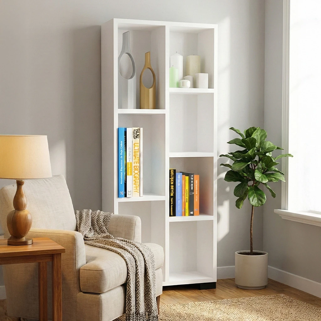 Beyaz MDF Bölmeli Kitaplık – 7 Raflı