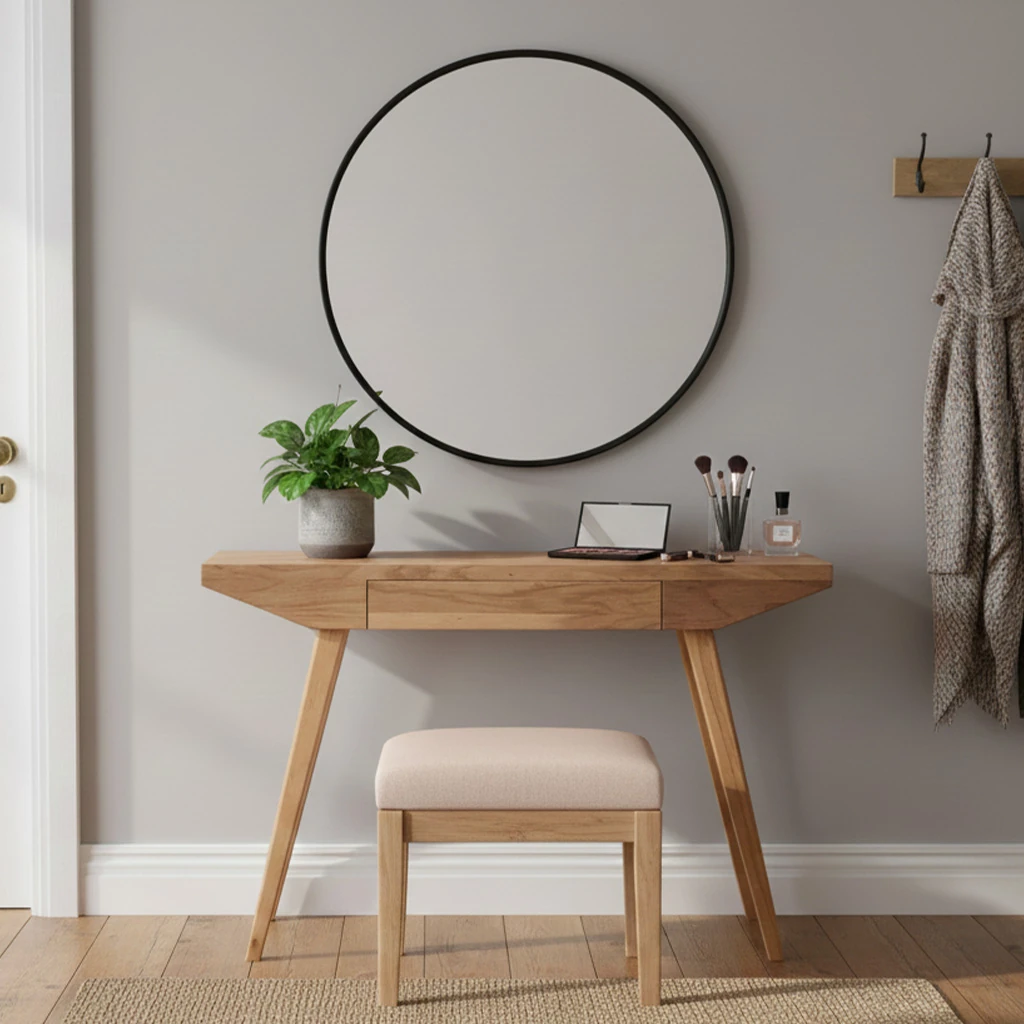 Açılı Tasarım Ceviz Görünümlü Çekmeceli Dresuar & Makyaj Masası