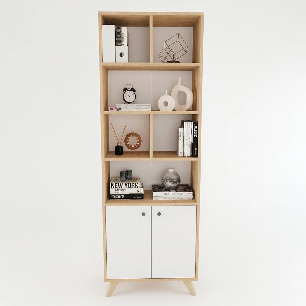 Beyaz Kapaklı Ceviz Raflı Kitaplık