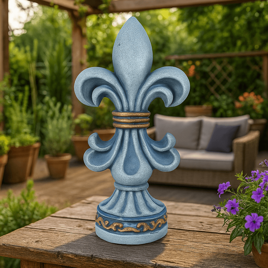 Mavi Fleur-de-Lis Dekoratif Heykel – Antik Stil Masa & Bahçe Süsü