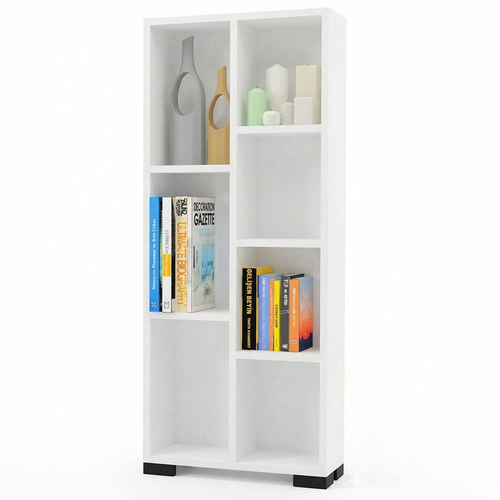 Beyaz MDF Bölmeli Kitaplık – 7 Raflı