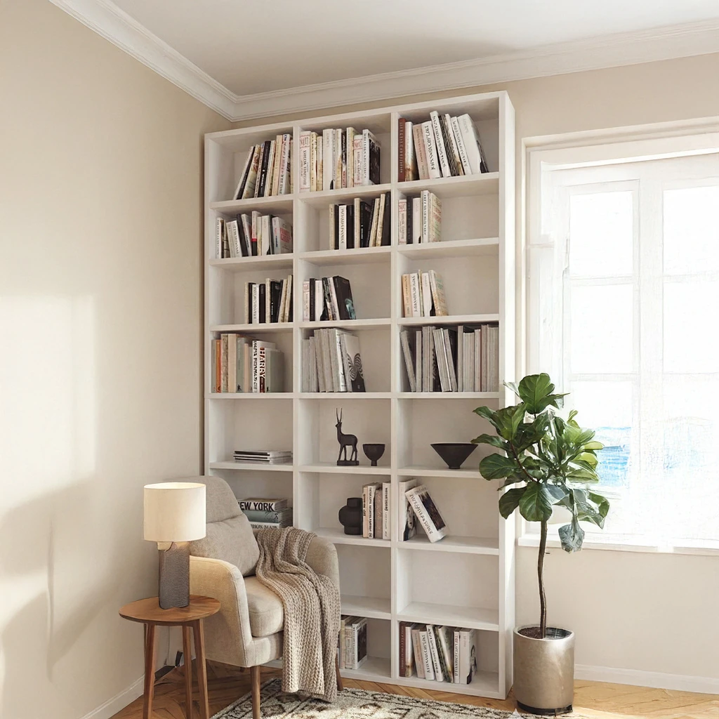 Beyaz MDF Büyük Bölmeli Kitaplık – 24 Raflı