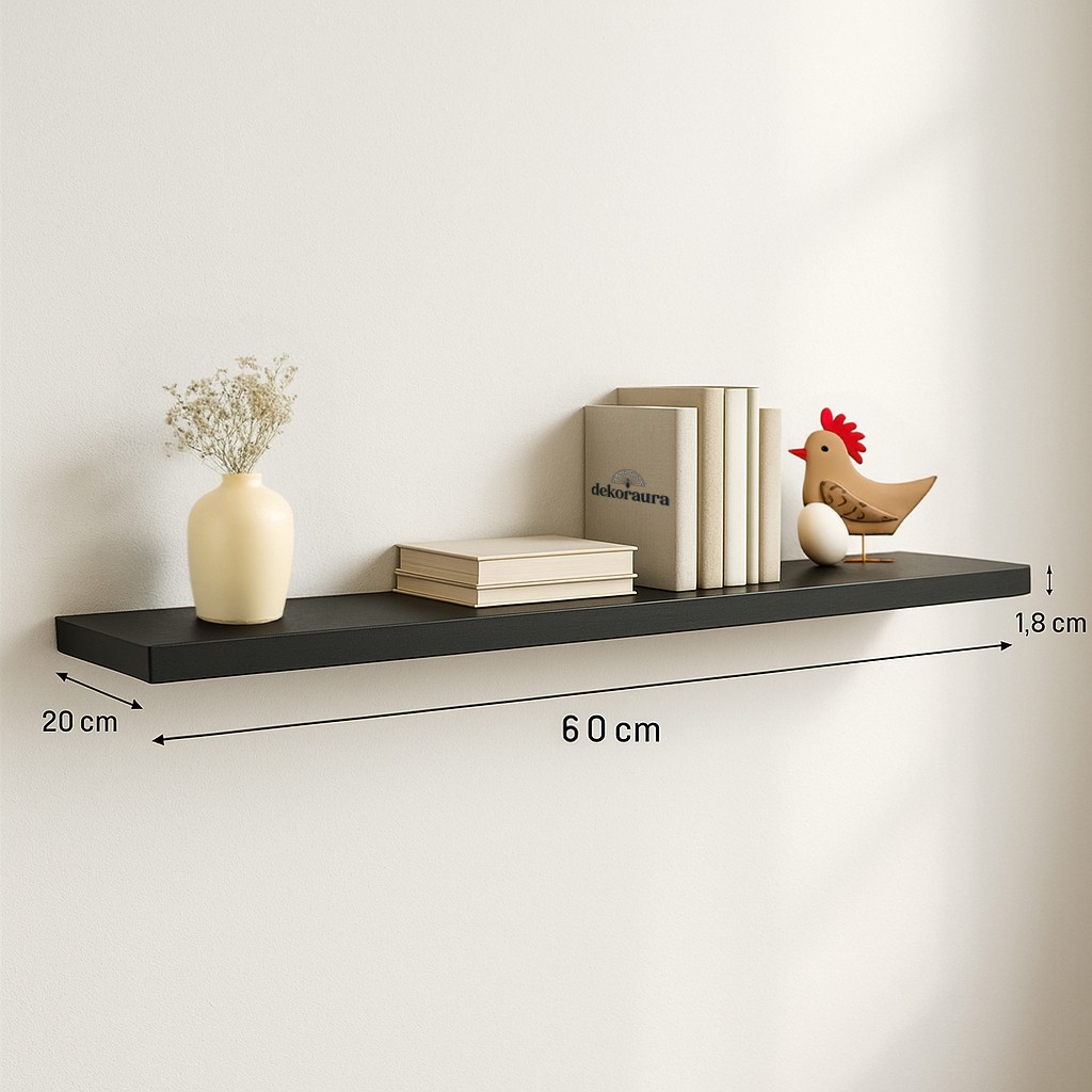 Siyah MDF Uçan Raf 60x20 cm – Minimal, Şık ve Dayanıklı Duvar Rafı