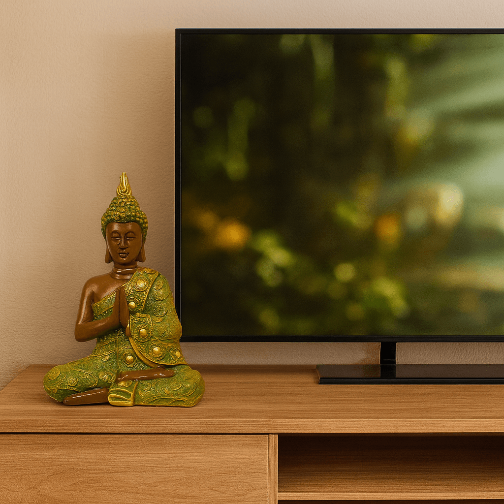 Zen Aura Buddha Biblo – Altın Yeşil Meditasyon Figürü