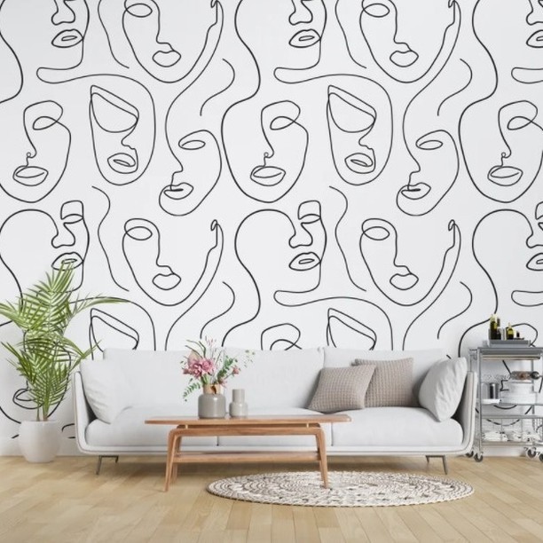 Minimalist Çizgi Yüz Desenli Siyah Beyaz Duvar Kağıdı