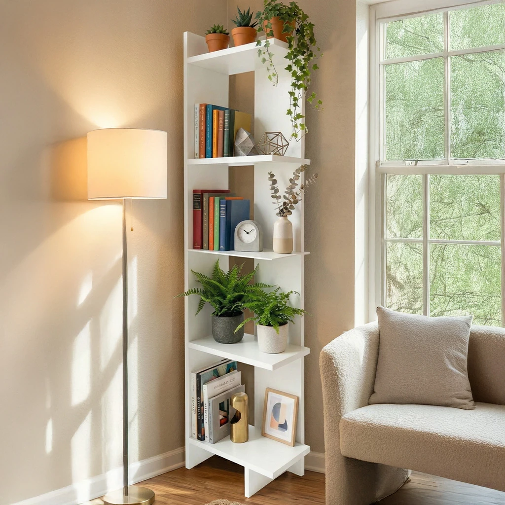 Minimal Köşe Kitaplık – Beyaz 5 Raflı