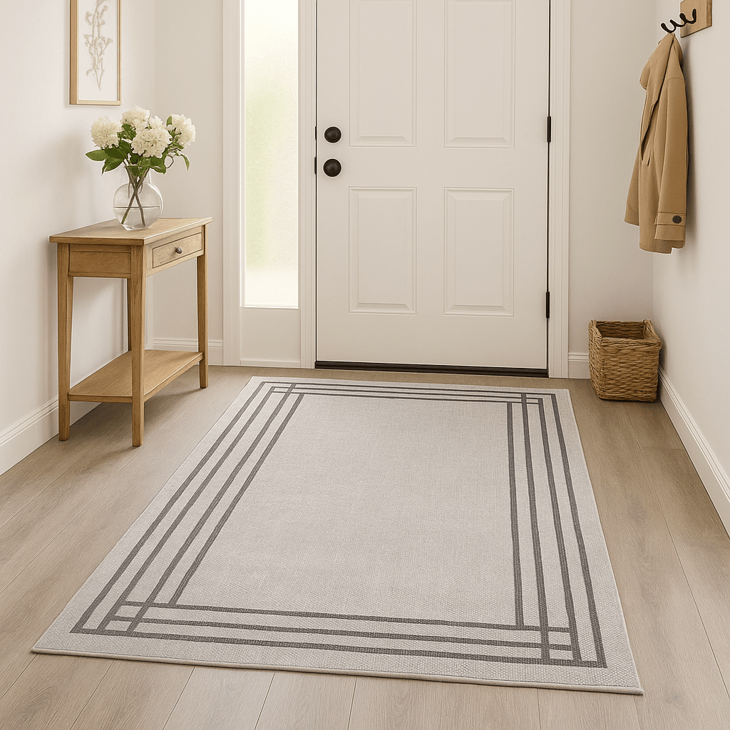 70 x 140 Dijital Baskılı Modern Çerçeve Desenli Yolluk – Gri Zeminli, Kaymaz Taban, Silinebilir Minimal Halı