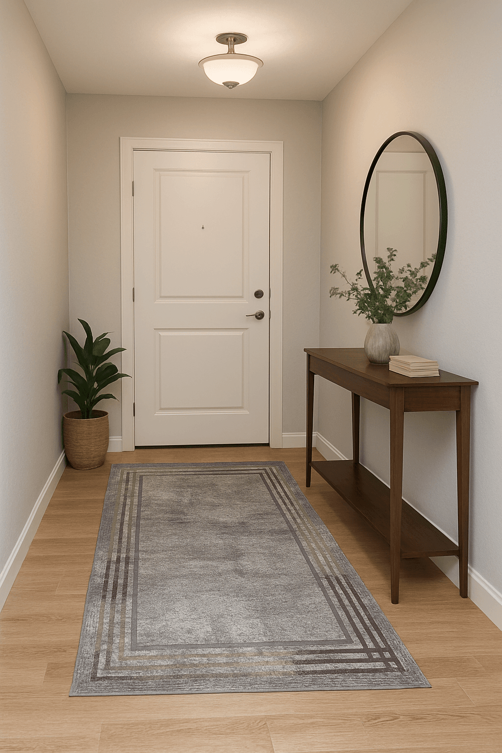 70 x 140 Dijital Baskılı Modern Gri Zeminli Yolluk – Altın ve Bordo Çerçeveli, Kaymaz Taban, Silinebilir Halı