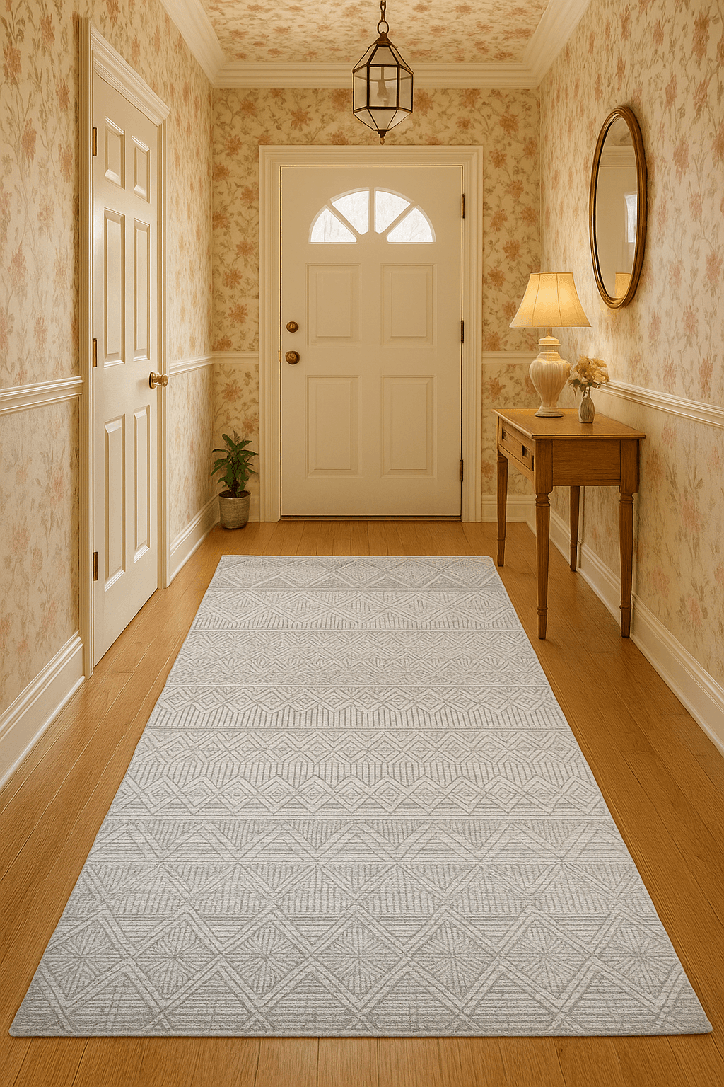 70 x 140 Dijital Baskılı Modern Gri Geometrik Desenli Yolluk – Kaymaz Tabanlı, Silinebilir, Ince Dokulu Halı