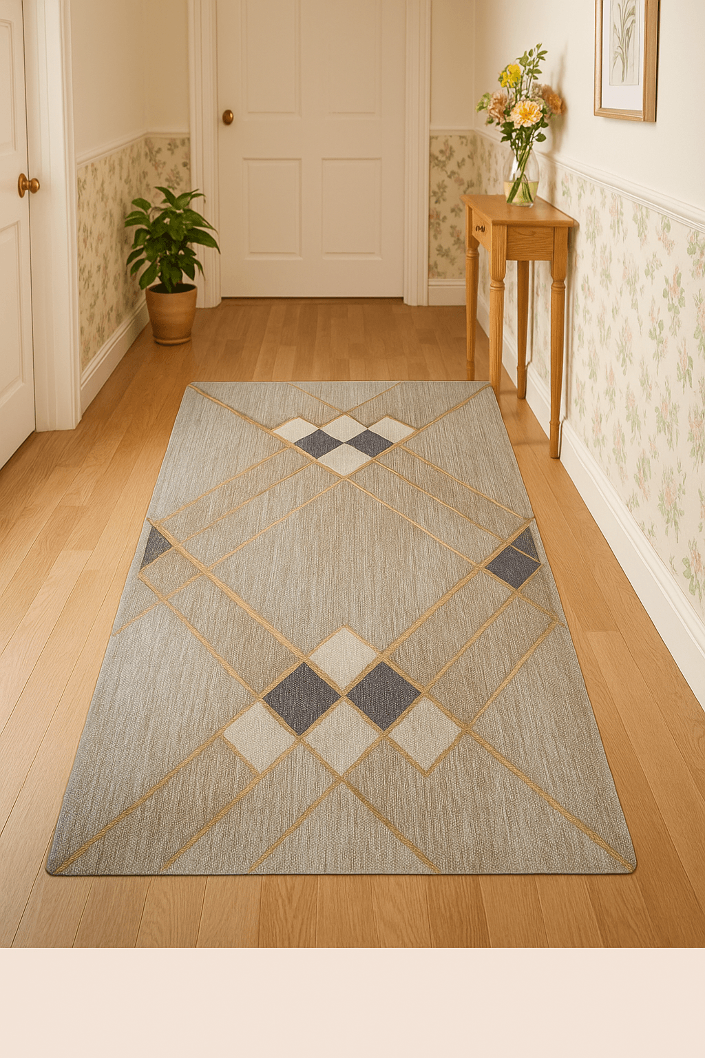 70 x 140 Geometrik Desenli Dijital Yolluk – Lacivert ve Altın Detaylı, Kaymaz Taban, Silinebilir