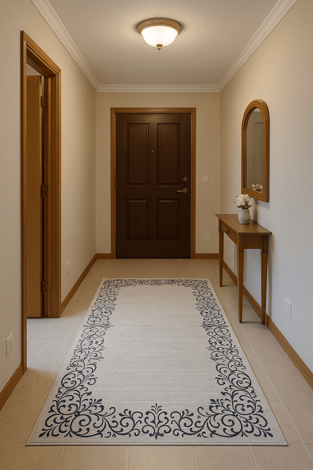 70 x 140 Dijital Baskılı Klasik Lacivert Desenli Yolluk – Gümüş Gri Zeminli, Kaymaz Tabanlı, Silinebilir Ince Halı
