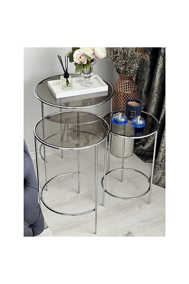 Elysia  Yuvarlak 3’lü Zigon Yan Sehpa Siyah Cam Krom