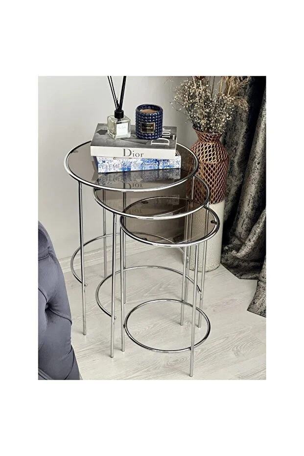 Elysia  Yuvarlak 3’lü Zigon Yan Sehpa Siyah Cam Krom