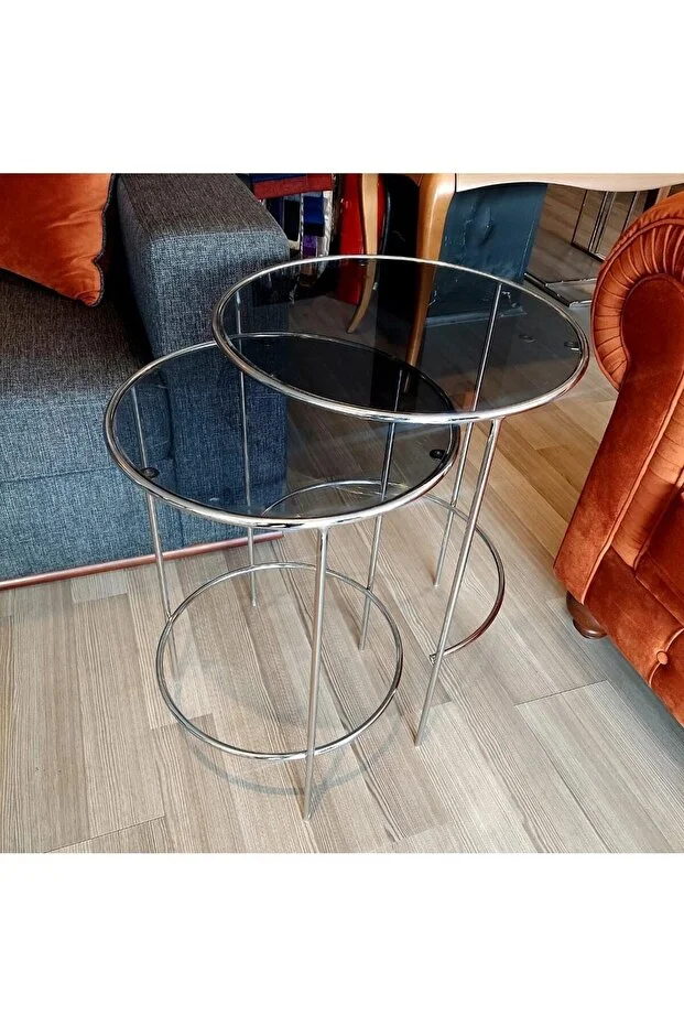 Elysia Krom Yuvarlak 2’li Zigon Yan Sehpa Siyah Cam 