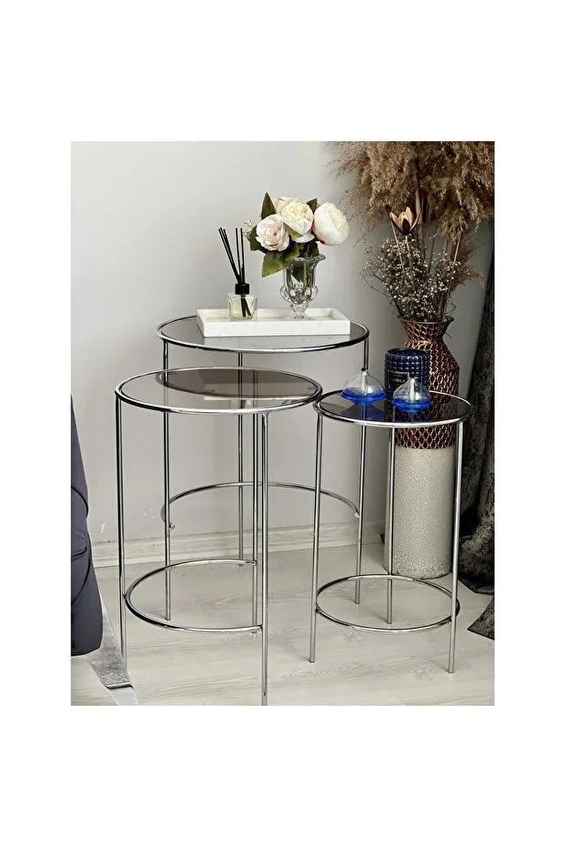 Elysia  Yuvarlak 3’lü Zigon Yan Sehpa Siyah Cam Krom