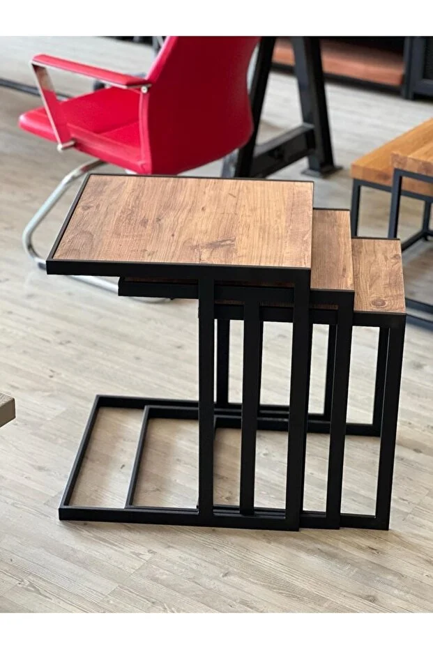 Nordica Ahşap Metal 3’lü Zigon Sehpa – İskandinav Zarafeti ve Modern Fonksiyonellik