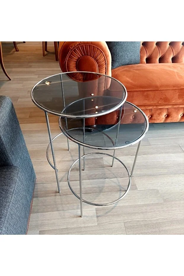 Elysia Krom Yuvarlak 2’li Zigon Yan Sehpa Siyah Cam 