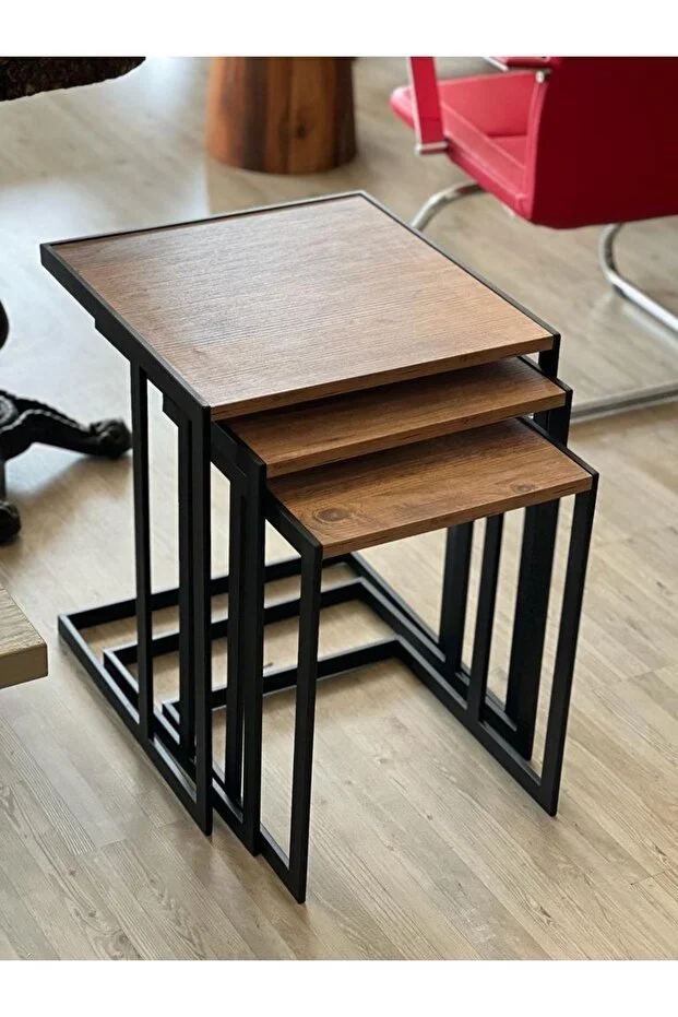 Nordica Ahşap Metal 3’lü Zigon Sehpa – İskandinav Zarafeti ve Modern Fonksiyonellik