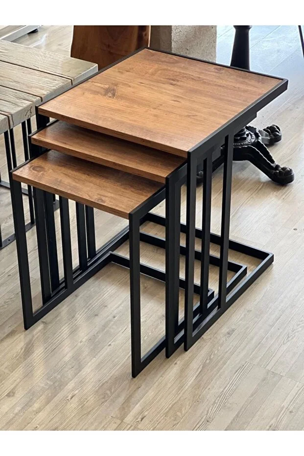 Nordica Ahşap Metal 3’lü Zigon Sehpa – İskandinav Zarafeti ve Modern Fonksiyonellik