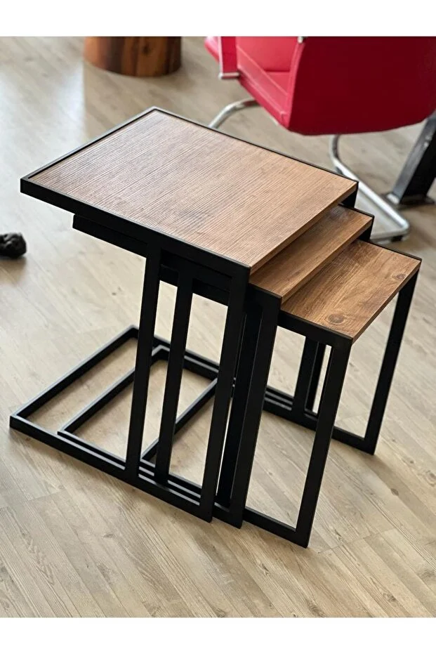 Nordica Ahşap Metal 3’lü Zigon Sehpa – İskandinav Zarafeti ve Modern Fonksiyonellik