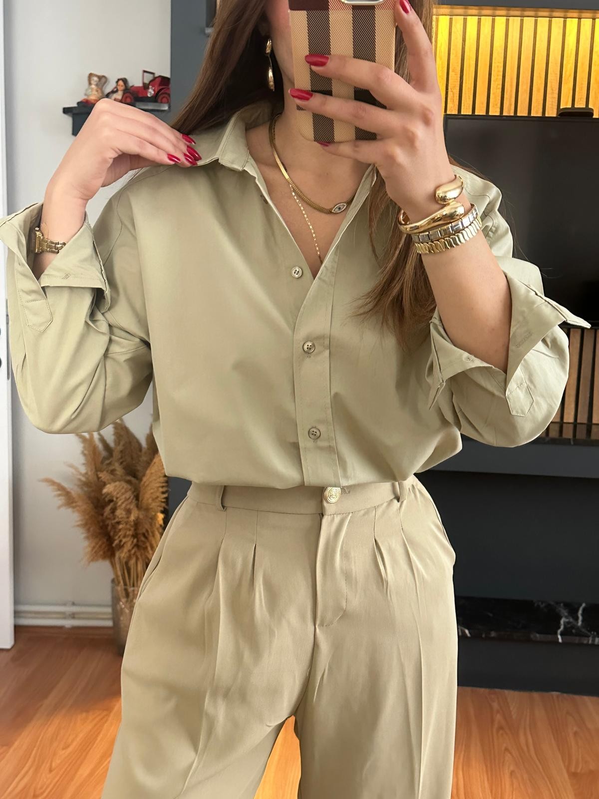 Çağla Yeşili Oversize Gömlek