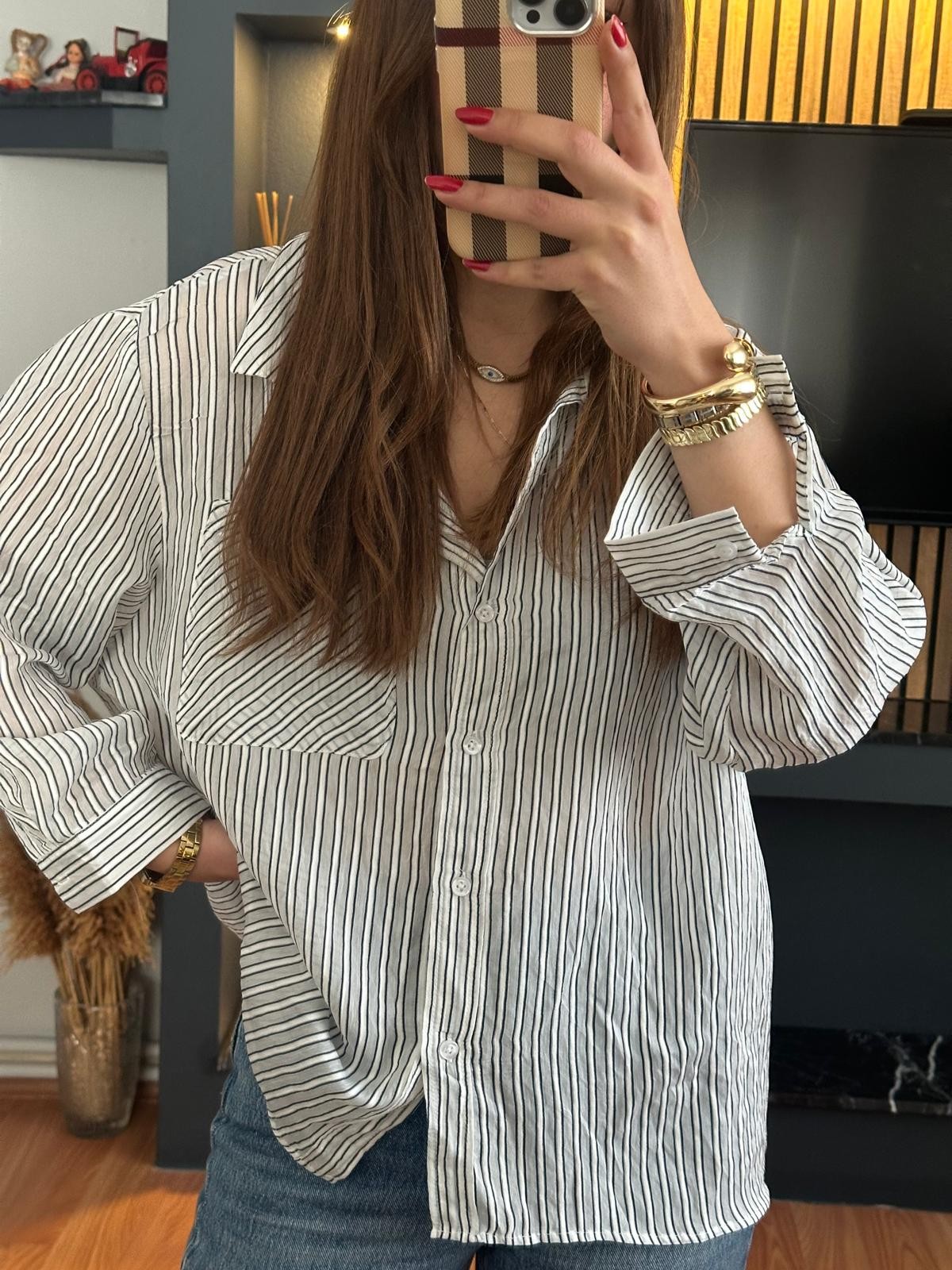 Lacivert Çizgili Oversize Gömlek