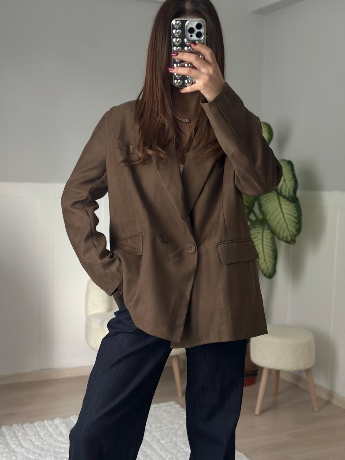 Haki Nubuk Oversize Blazer Ceket