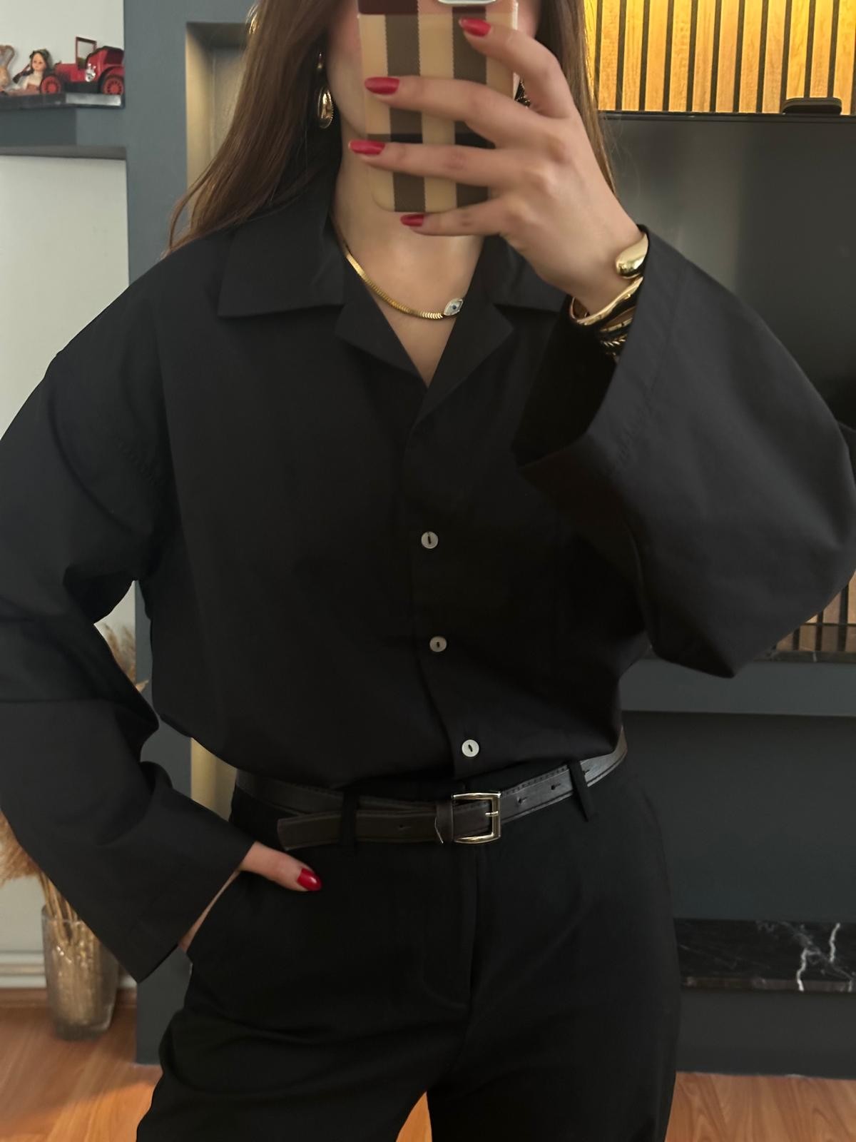 Siyah Oversize Poplin Gömlek