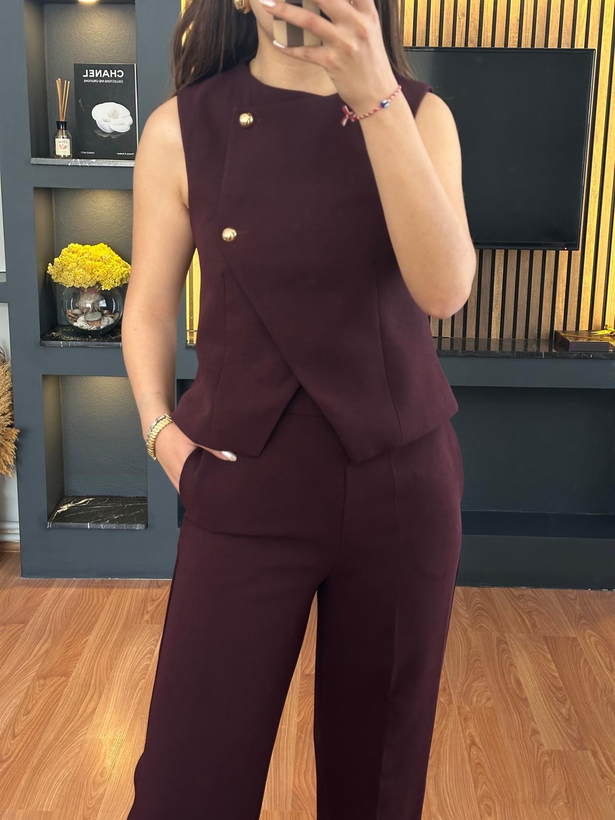 Bordo Yelekli Gold Düğme Detaylı Kumaş Takım