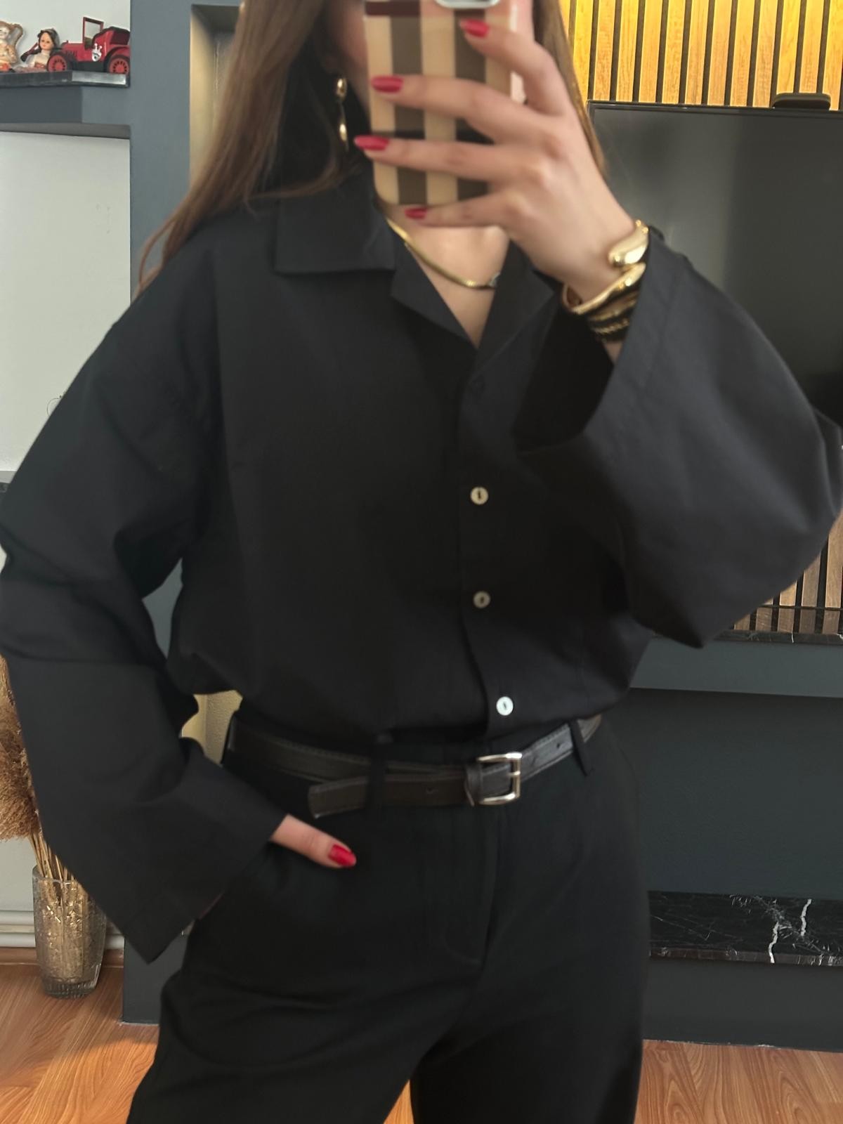 Siyah Oversize Poplin Gömlek