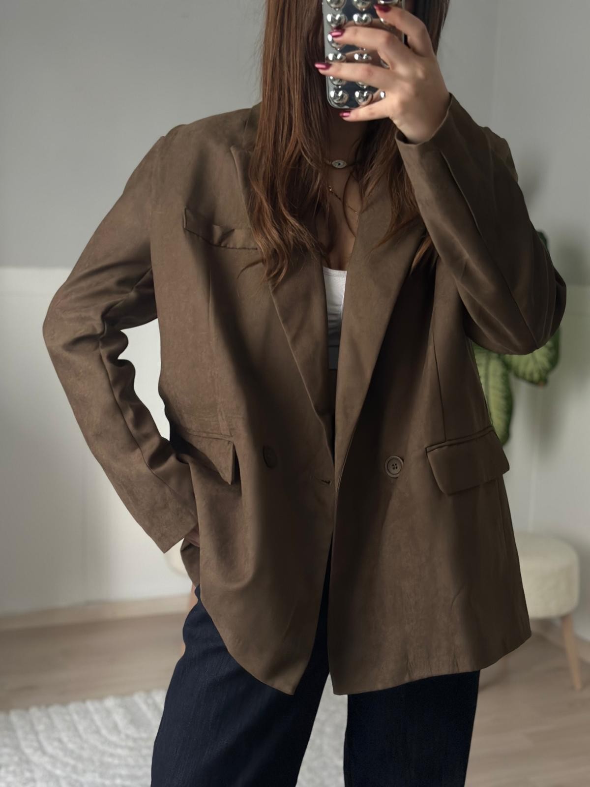 Haki Nubuk Oversize Blazer Ceket