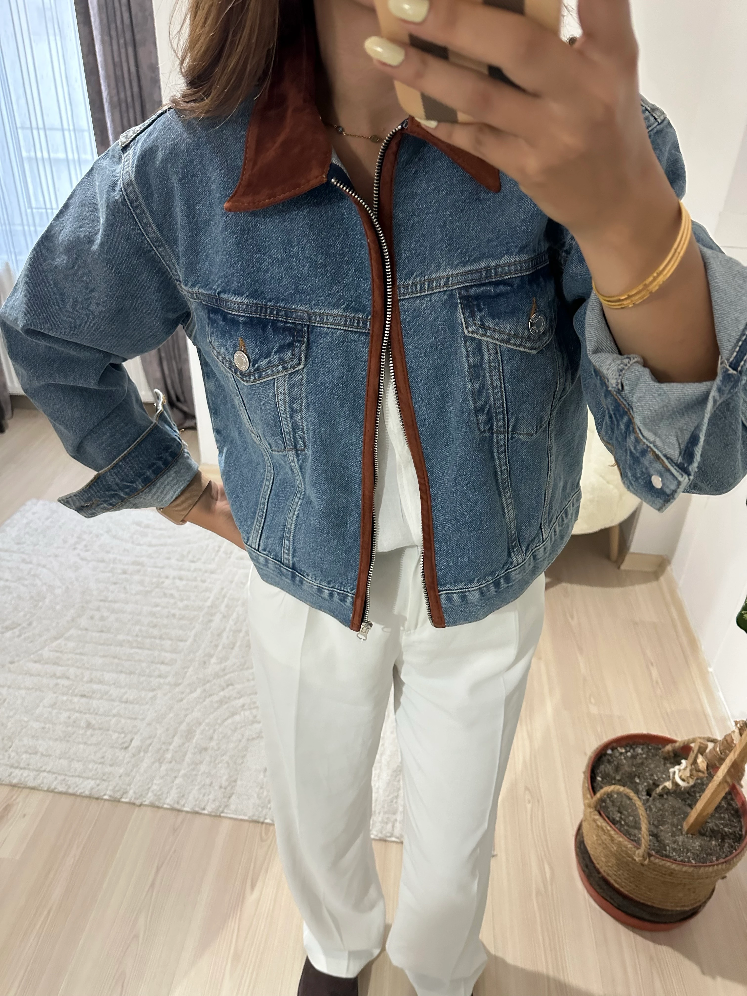 Marka muadil süet yaka detaylı kot ceket