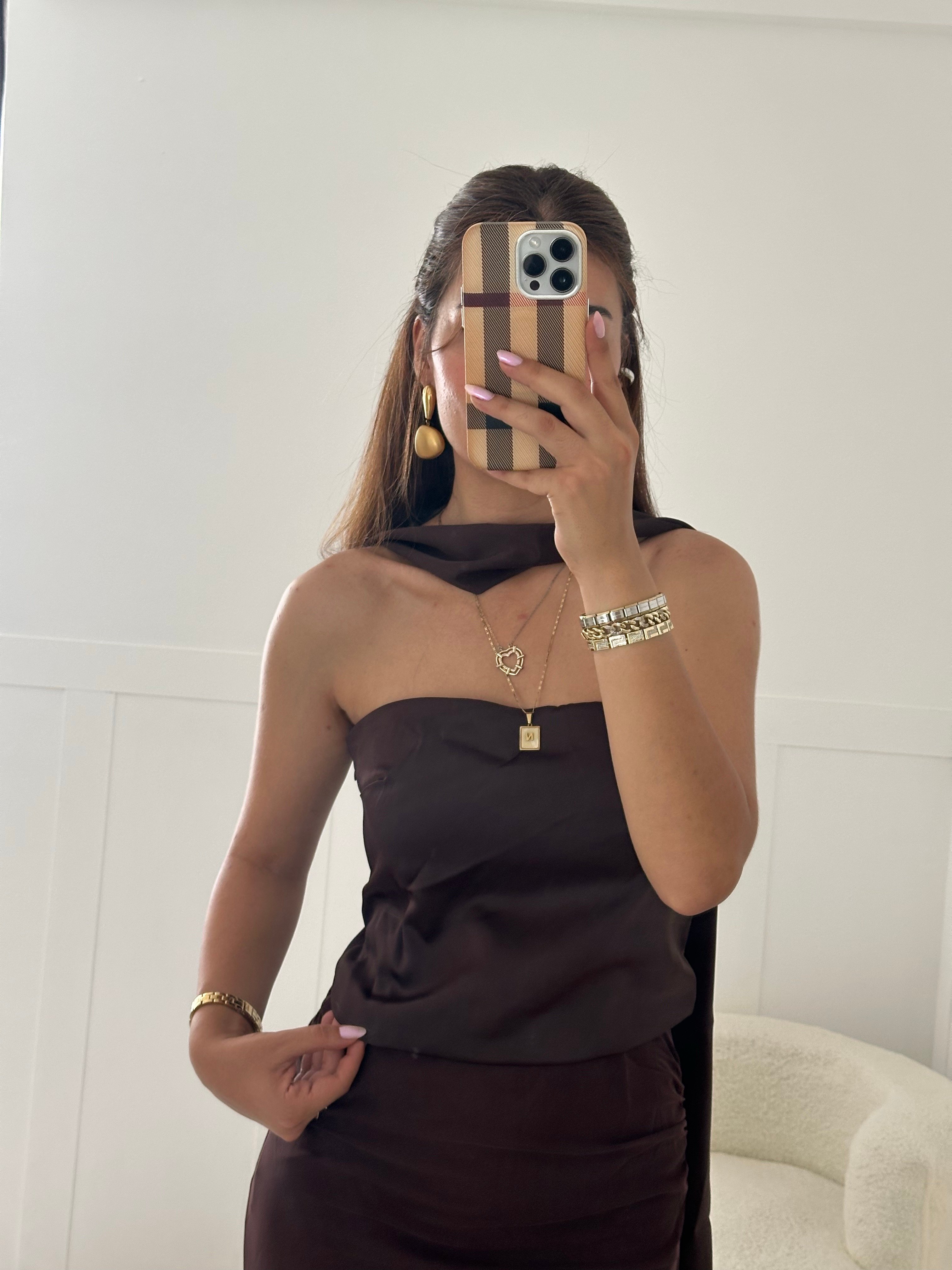 Acı kahve şallı saten bluz
