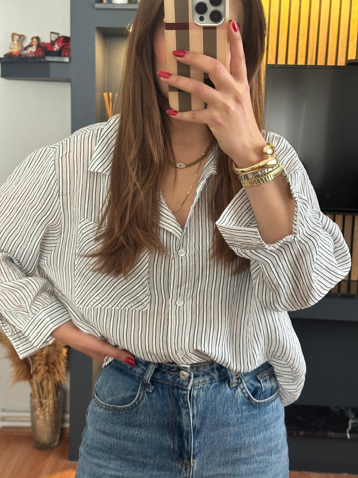 Lacivert Çizgili Oversize Gömlek