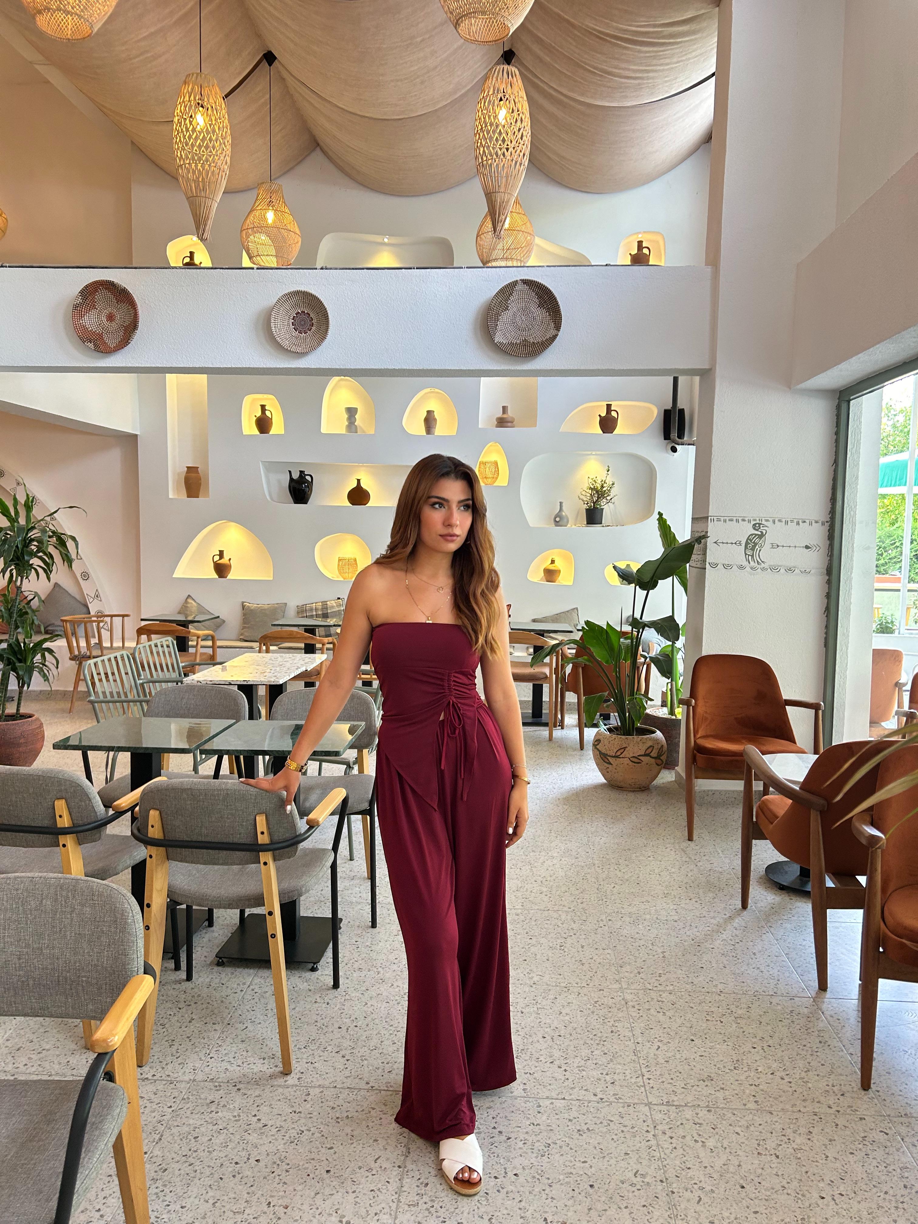Straplez bordo büzgülü takım 