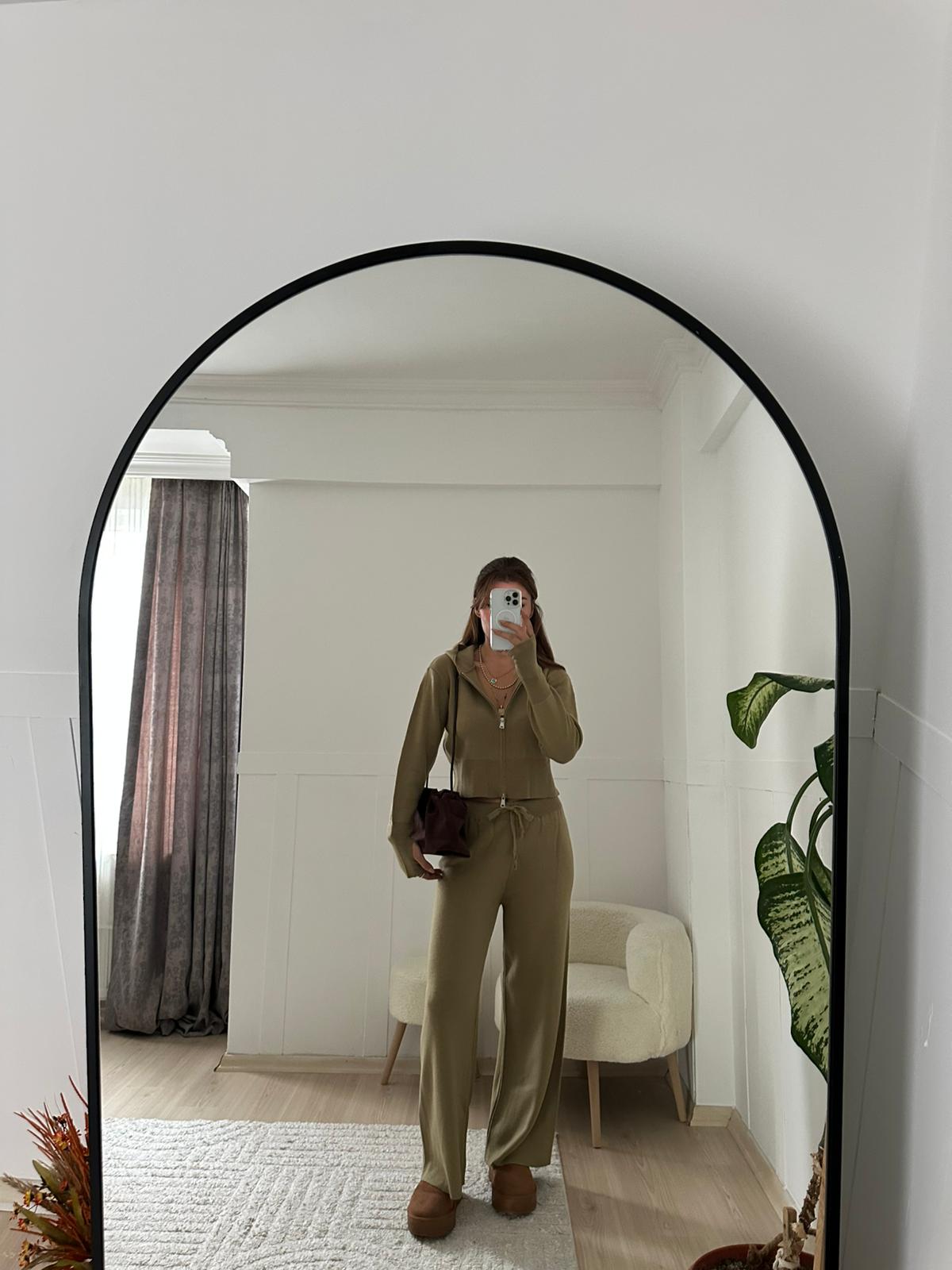 Yeşil çift fermuar detaylı triko takım