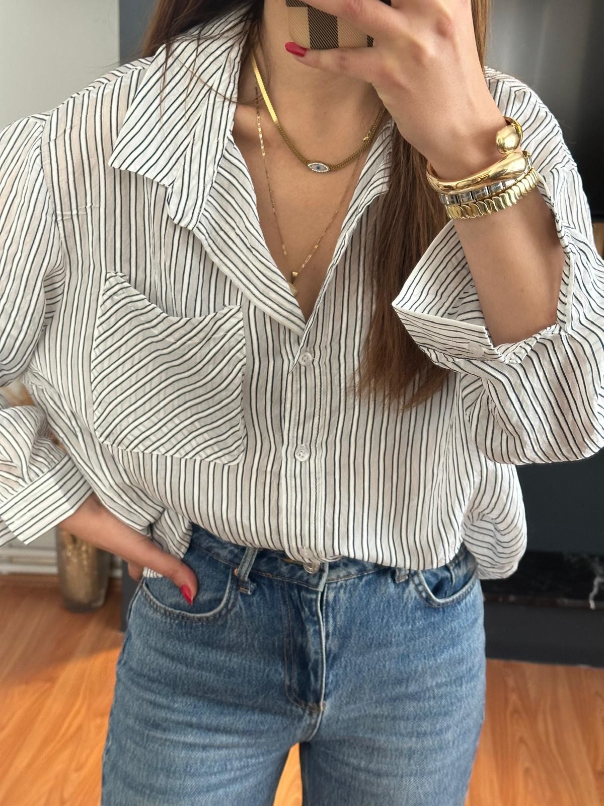 Lacivert Çizgili Oversize Gömlek