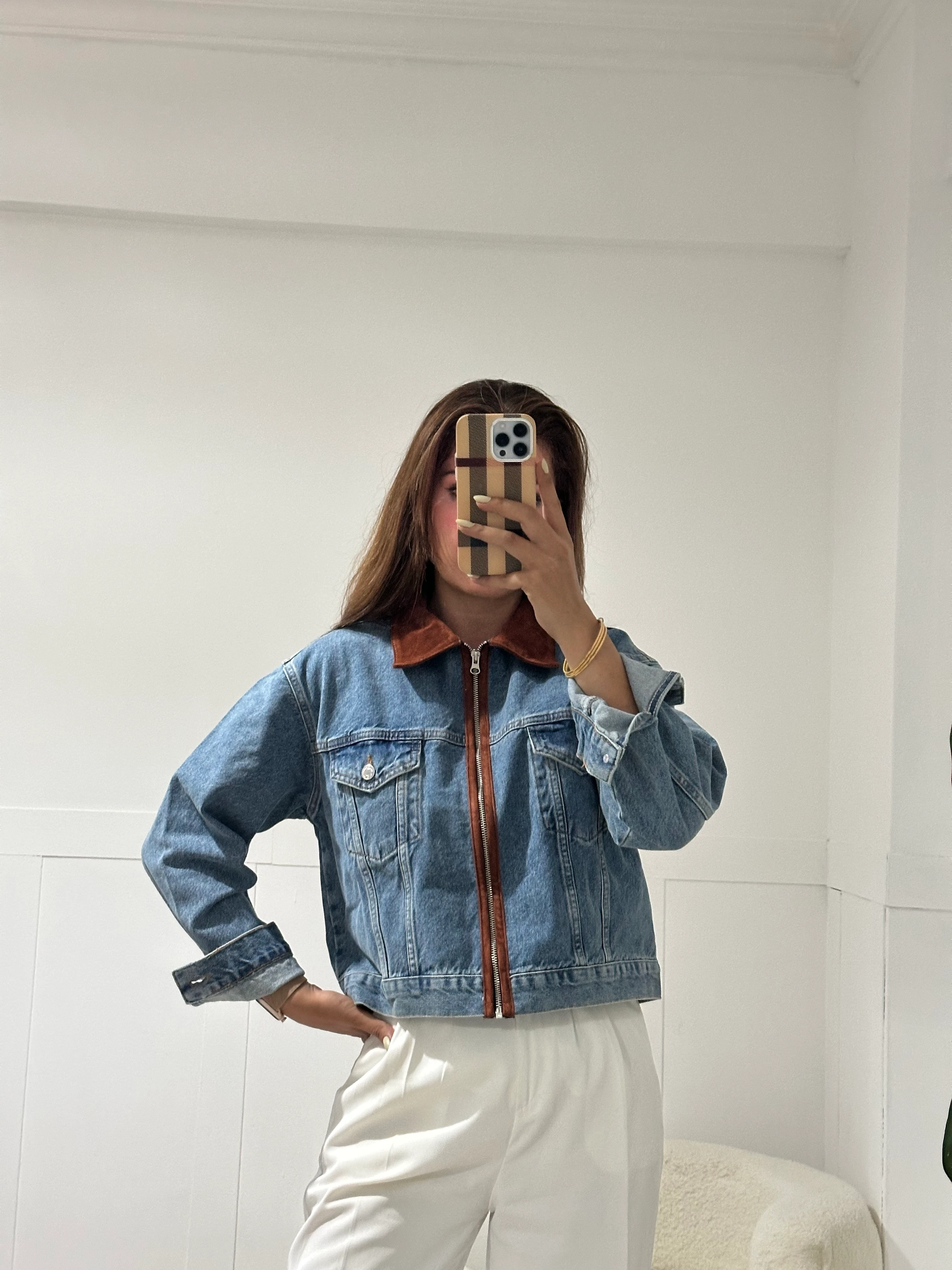 Marka muadil süet yaka detaylı kot ceket