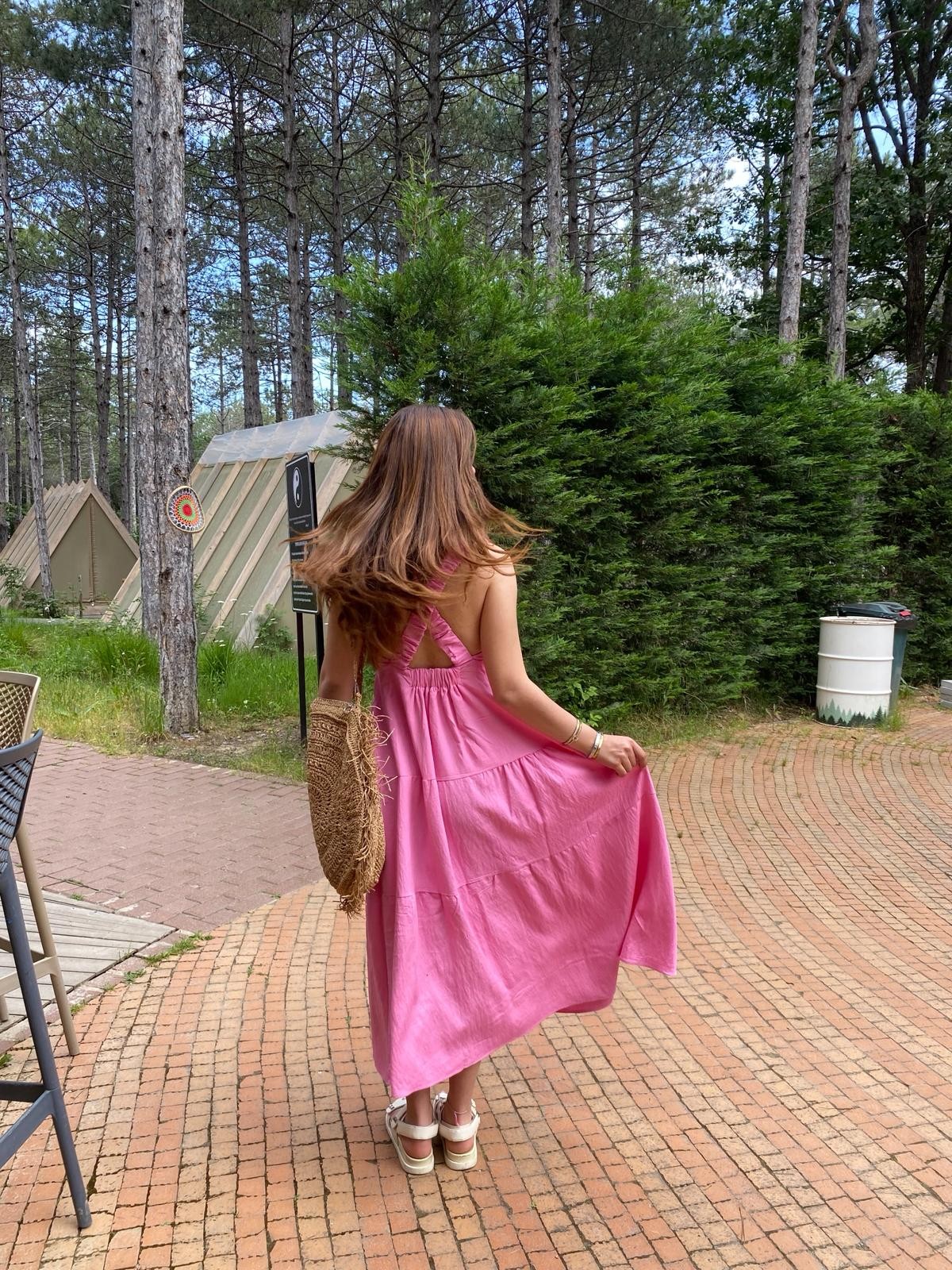 Pembe çapraz askılı cep detaylı elbise