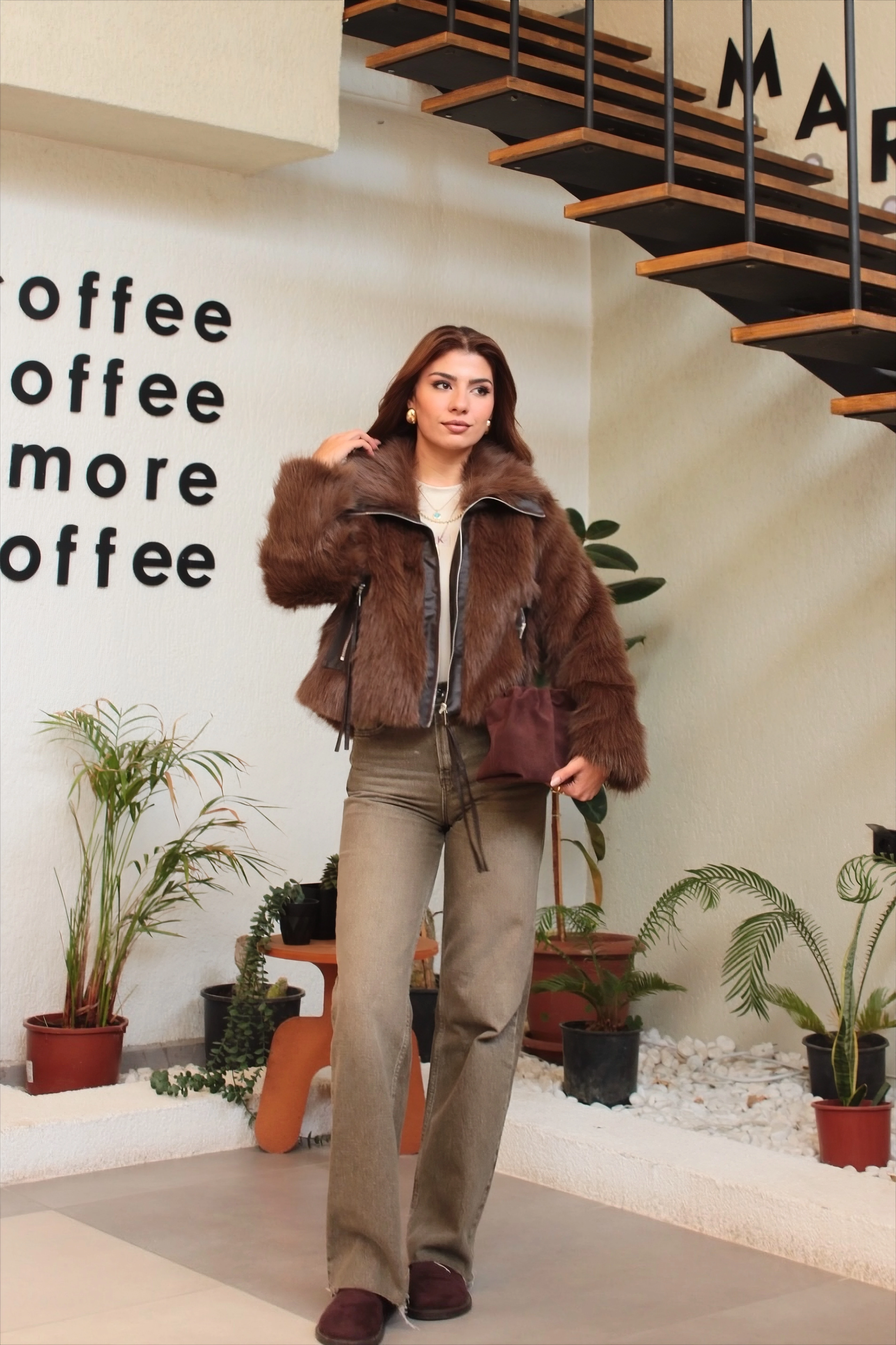 Deri detaylı acı kahve kürk 